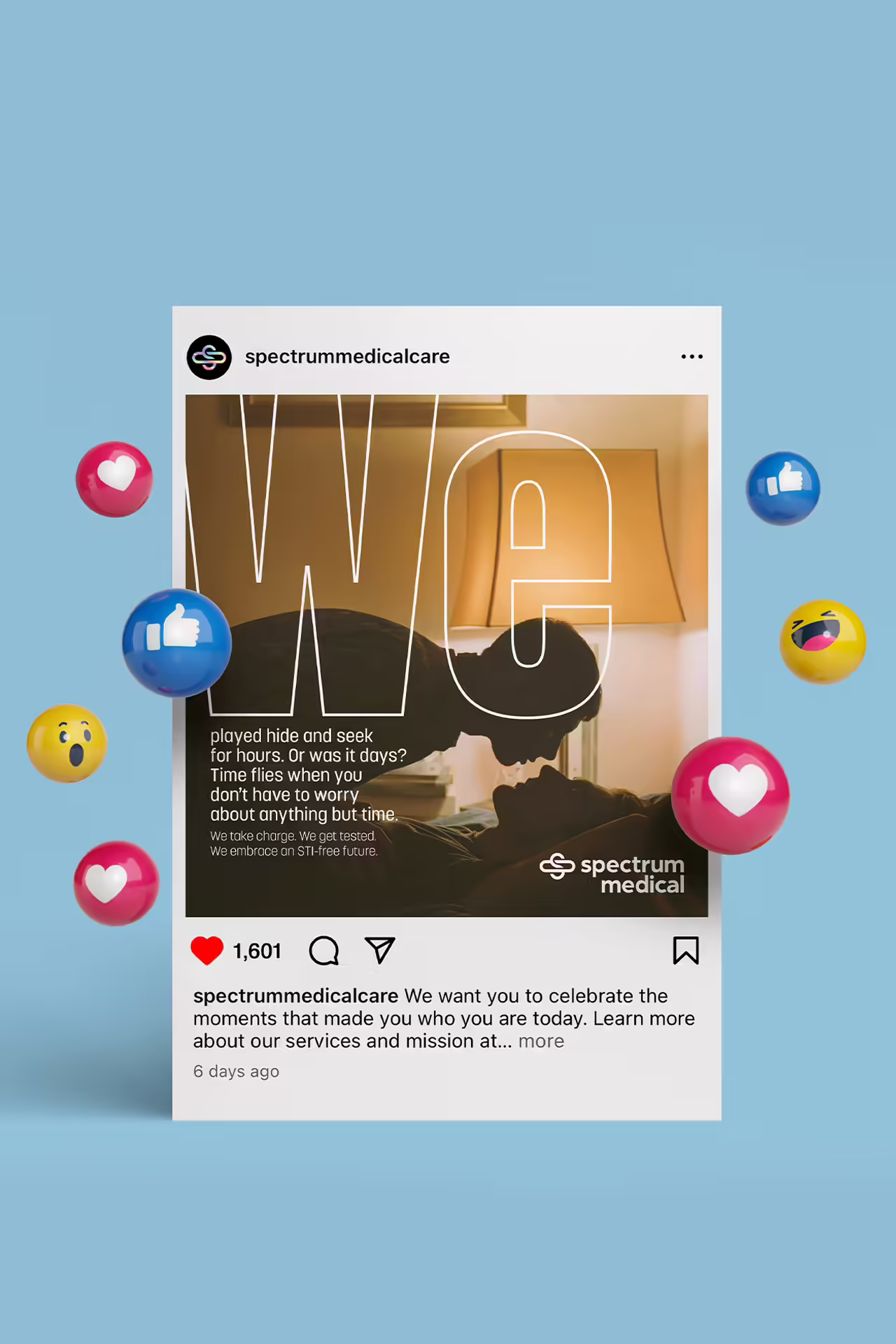 A Spectrum social media post being displayed on a blue background with small positive-message emoji's around it.